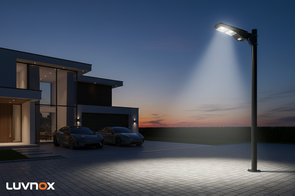 LUVNOX Solar Street Light illuminating residential driveway at dusk