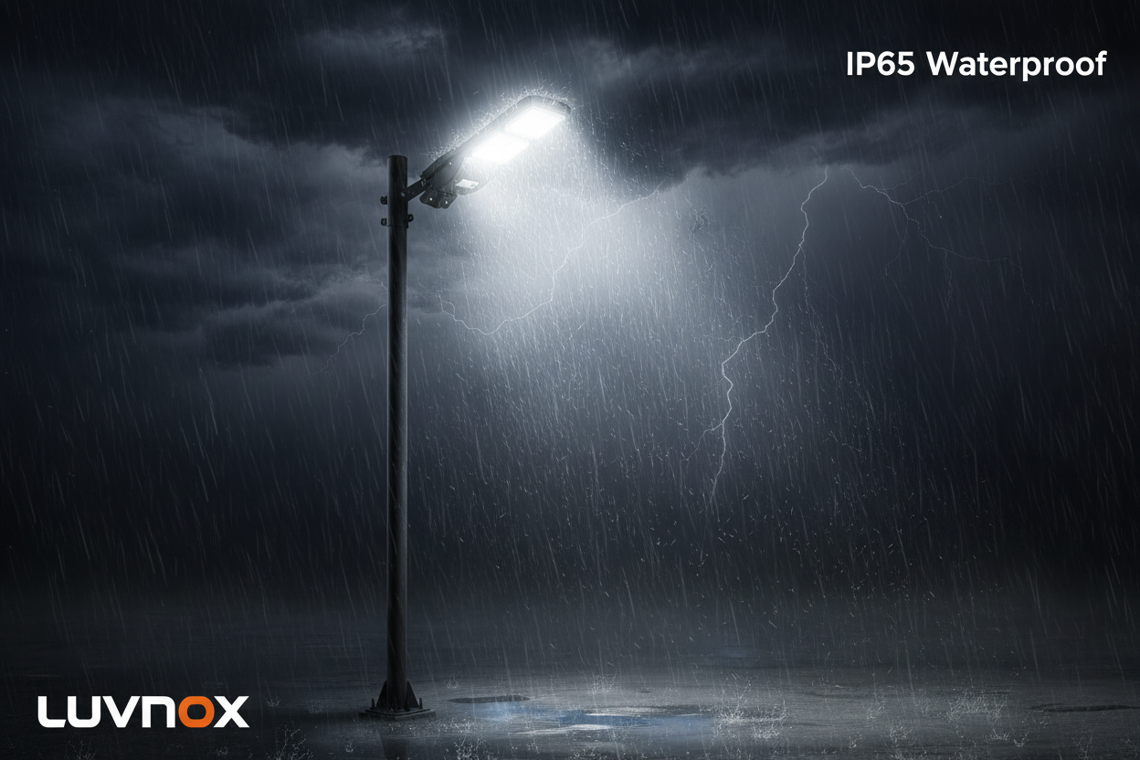 LUVNOX Solar Street Light working in heavy rain storm, IP65 waterproof