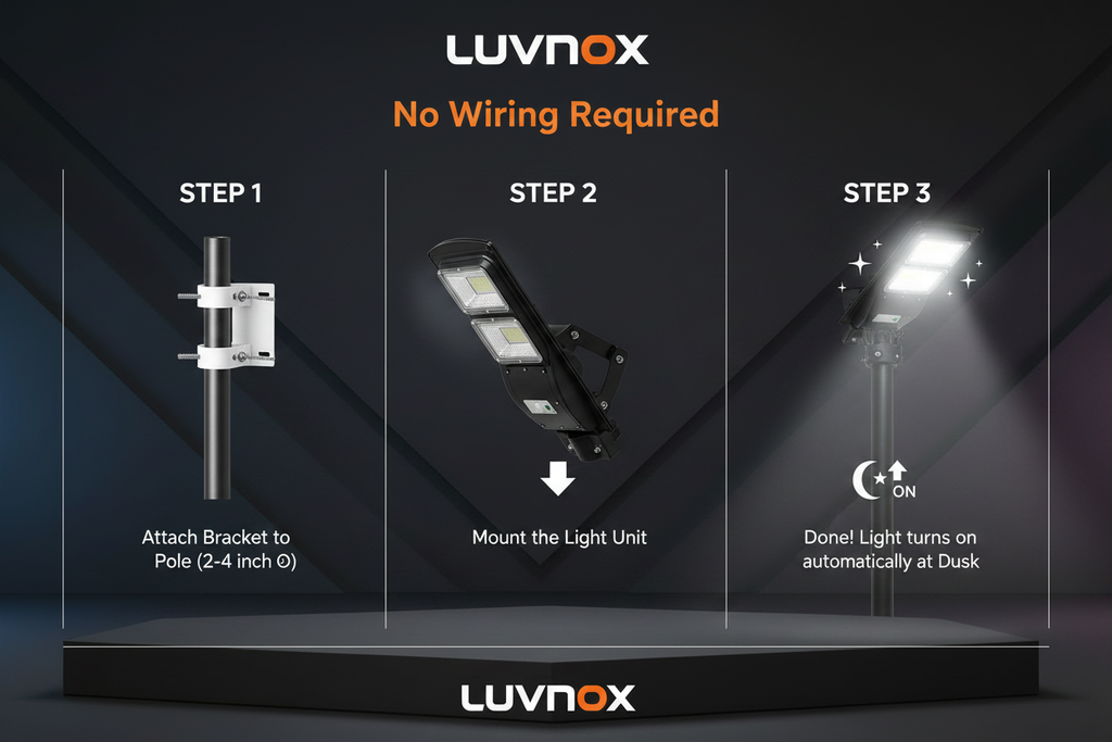 LUVNOX Solar Street Light easy 3-step installation, no wiring required