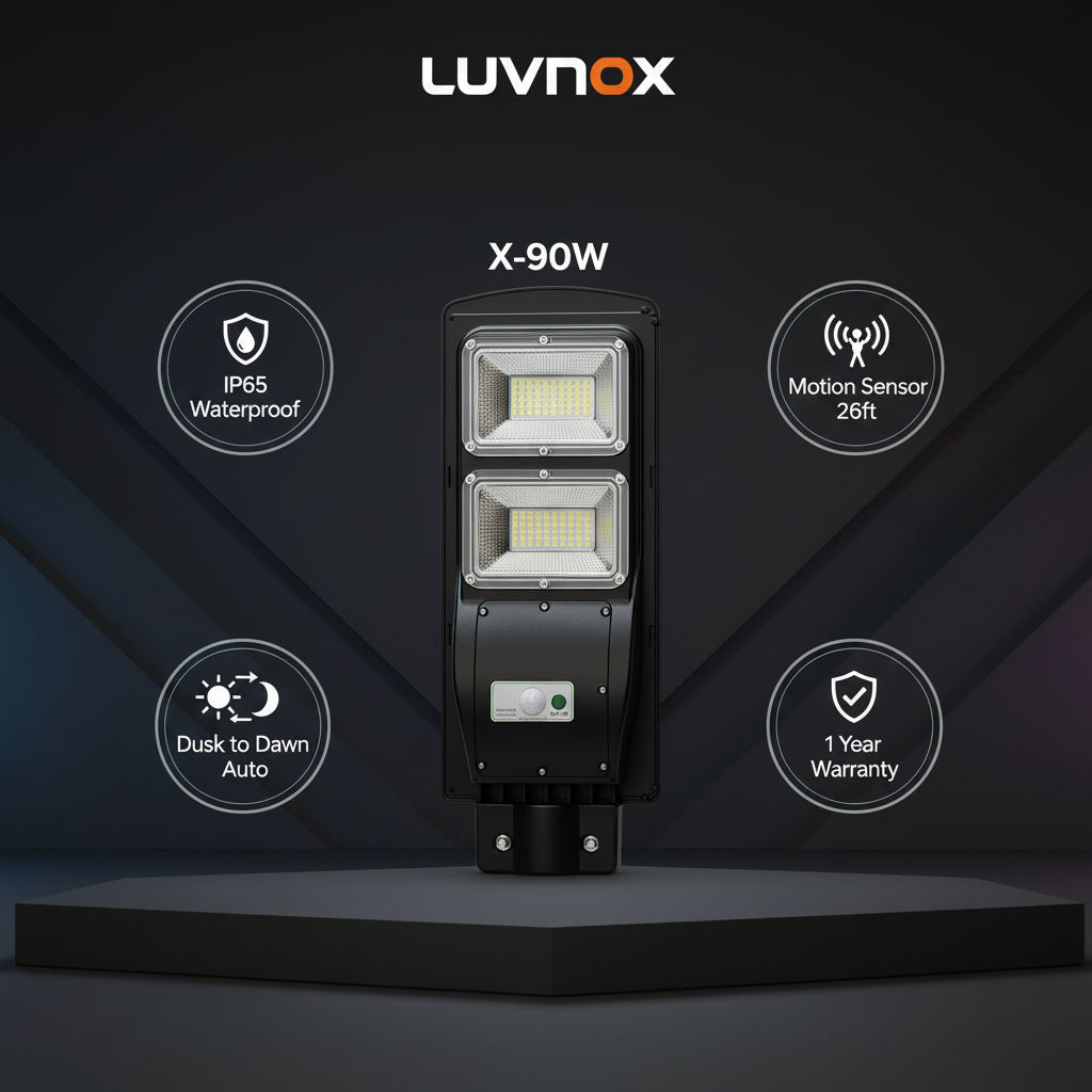 LUVNOX Solar Street Light key features: IP65 waterproof, motion sensor, dusk to dawn, 1 year warranty