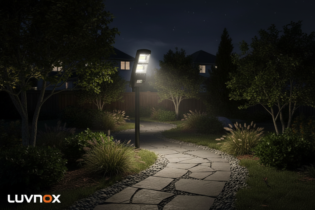 LUVNOX Solar Street Light illuminating garden pathway at night
