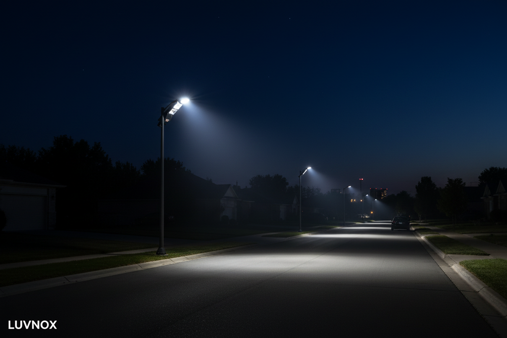 LUVNOX Solar LED Street Light illuminating road at night